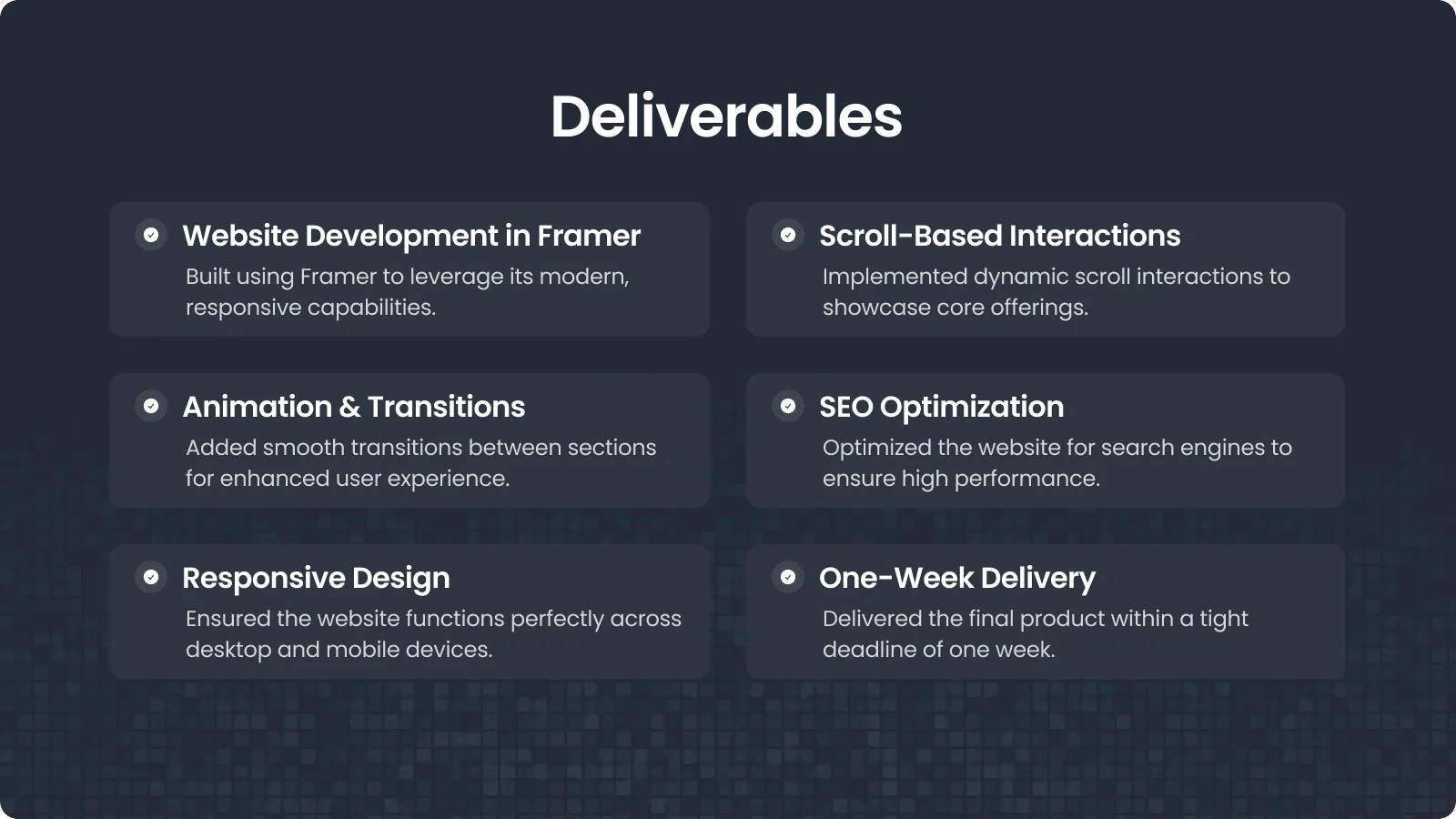 Scope: Framer build, scroll interactions, animations, SEO, responsive, in one week.