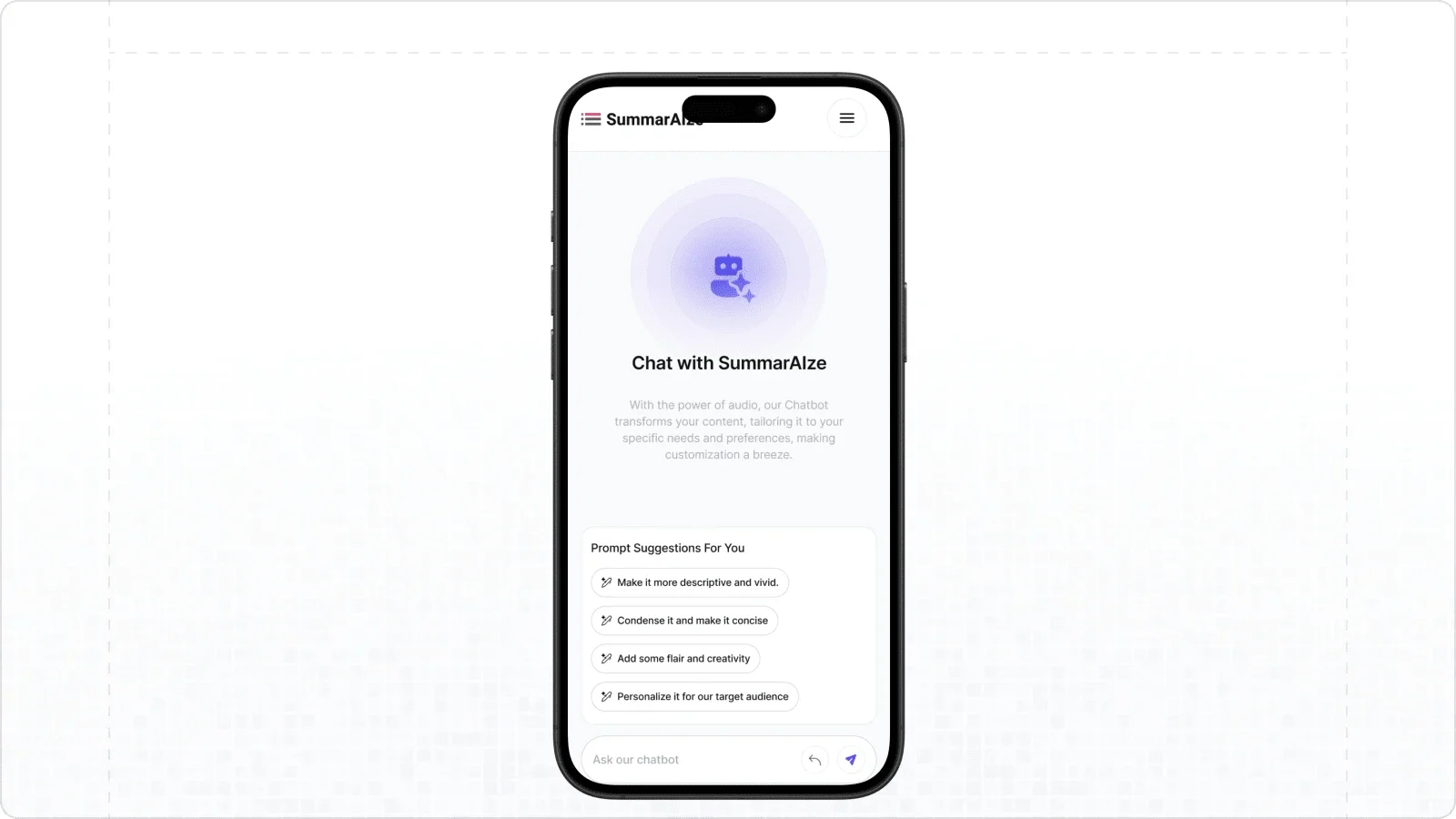 Chatbot on mobile, with prompt suggestions.
