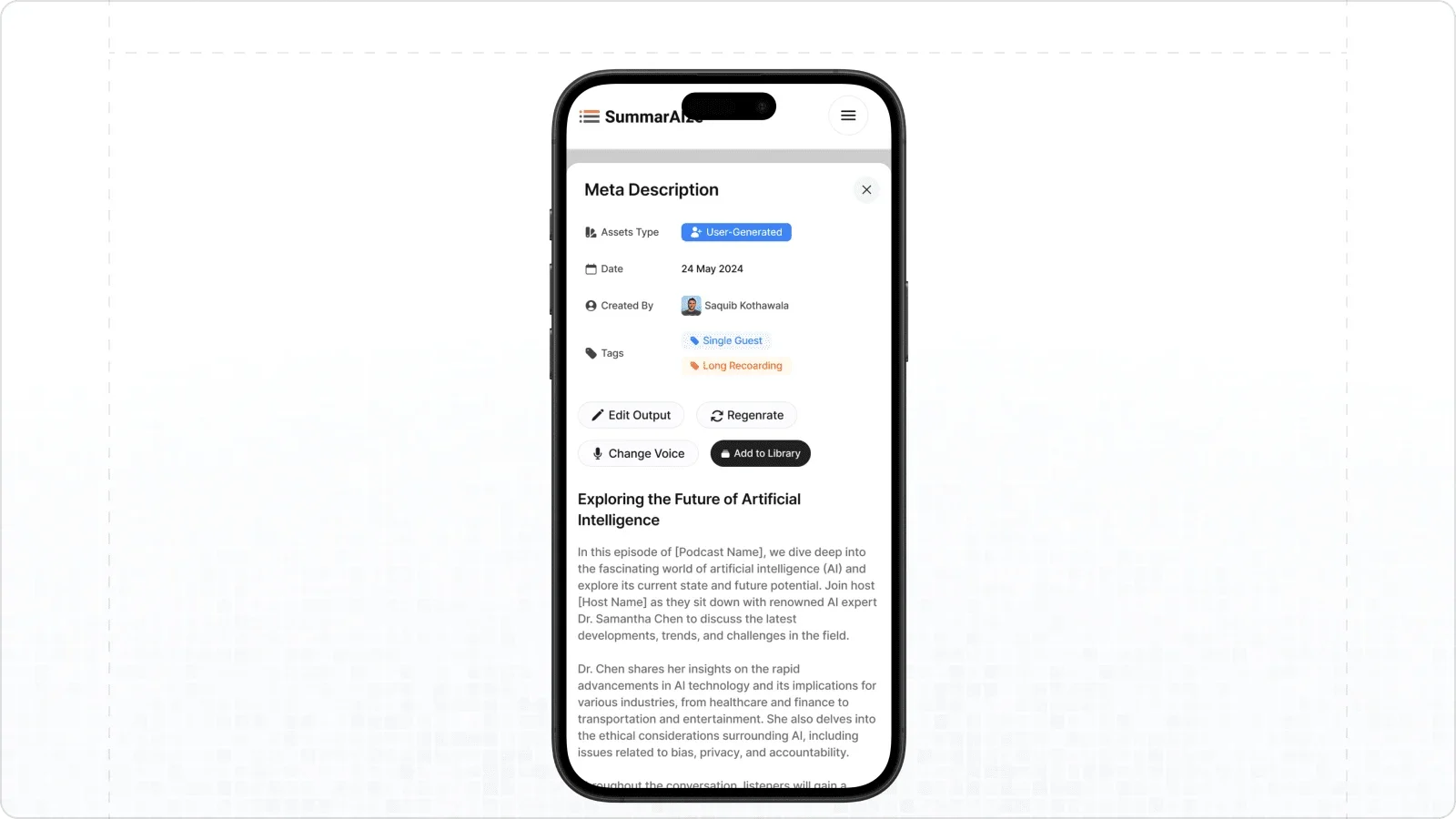 Asset detail on mobile.