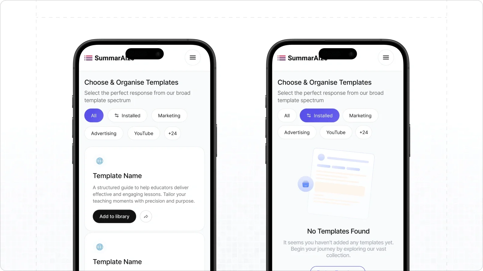 Templates on mobile, including the empty state.