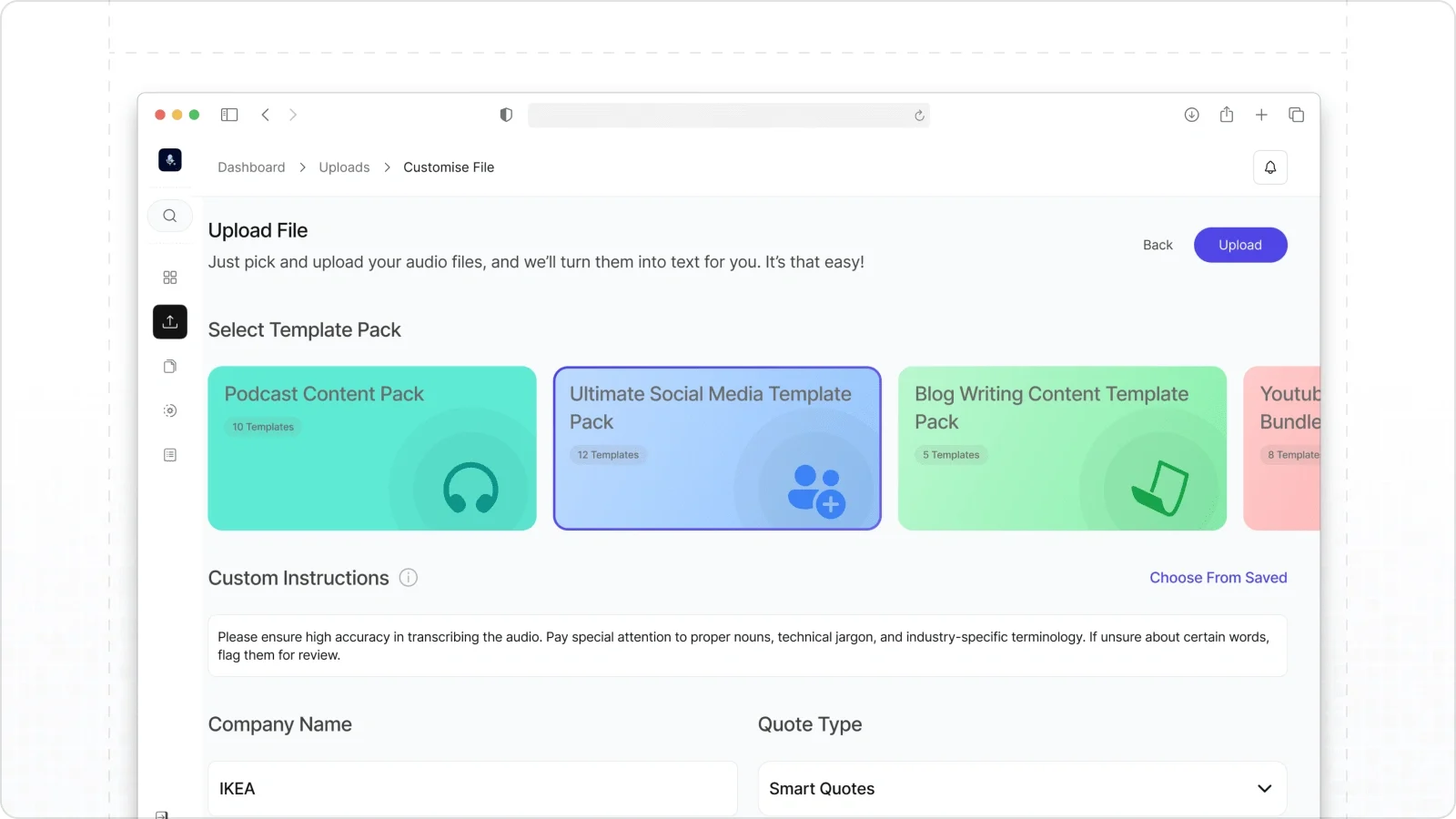 Choosing a template pack and custom instructions on upload.